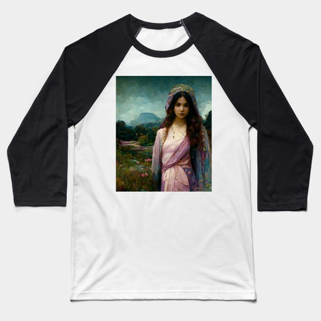 Mary Magdalene, Beautiful Woman, Silk Clothes, Surrounded by a Lush Natural Landscape, Pastel Colors, Mystic, Fantasy, Highly Detailed, Fineart Baseball T-Shirt by AntielARt